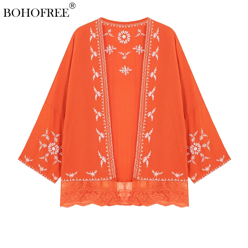 

Vintage Chic Embroidery Robe Cardigan Tops Bohemian Blusas Femme Ethnic Style Rayon Beach Cover Ups Short Kimono Summer Cover Up