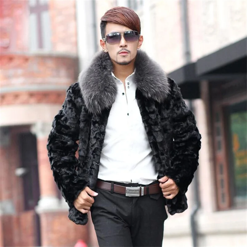 Autumn faux mink fur collar leather jacket mens winter thicken warm fur leather coat men loose jackets fashion B217