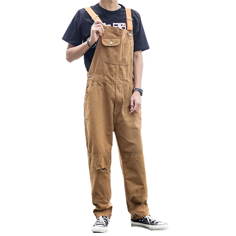 Mens Jeans Spring Autumn Khaki Suspenders Japanese Fashion Men's Youth Loose Straight Multi-pocket Overalls Bibs