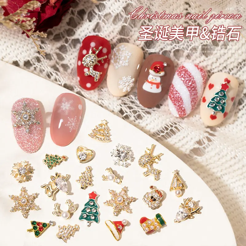 

10pcs Christmas Tree Bell Santa Snowflake Elk Zircon Rhinestones Nail Art Jewelry Decorations Nails Accessories Charms Supplies
