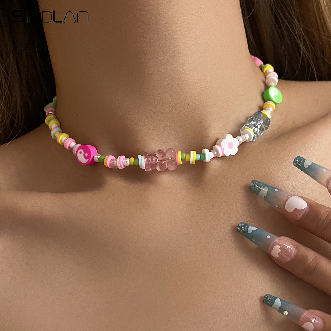 

Sindlan Aesthetic Multi Color Necklace for Women Kpop Clay Cute Beaded Chain Choker Egirl Y2k Jewelry Collares Para Mujer Bijoux