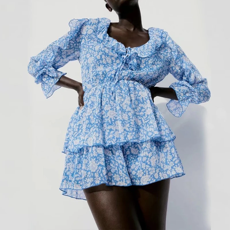 

Женский комбинезон с цветочным принтом, длинным рукавом и V-образным вырезом