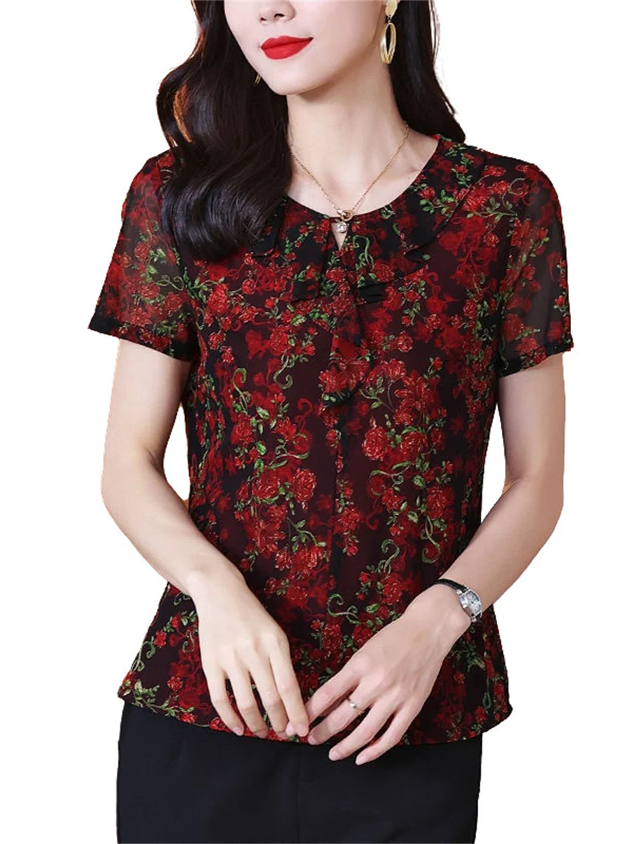 

4XL Women Spring Autumn Blouses Shirts Lady Fashion Casual Short Sleeve O-Neck Collar Flower Printing Blusas Tops G2106