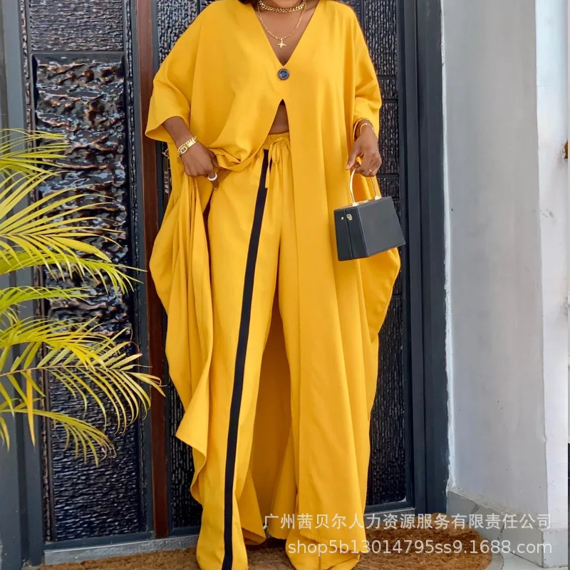 

Amazon speed sell through Europe and the United States women's fashion yellow V is gotten loose long-sleeved tunic suit pants