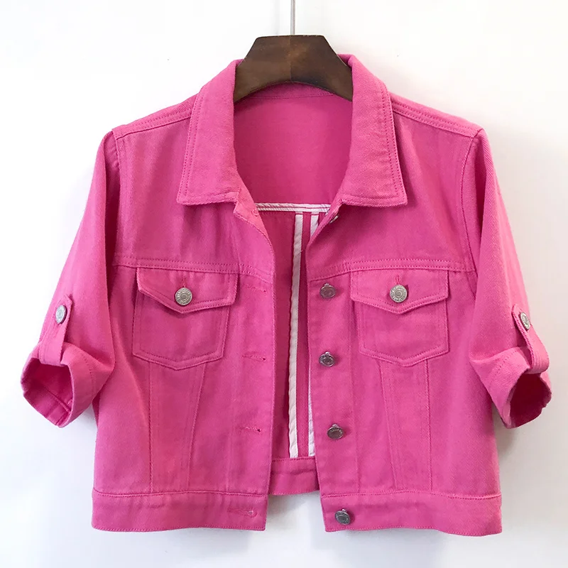 

Модная розово-красная джинсовая куртка, Женская весенне-летняя тонкая ковбойская верхняя одежда с большими карманами, Корейская свободная короткая джинсовая куртка для женщин
