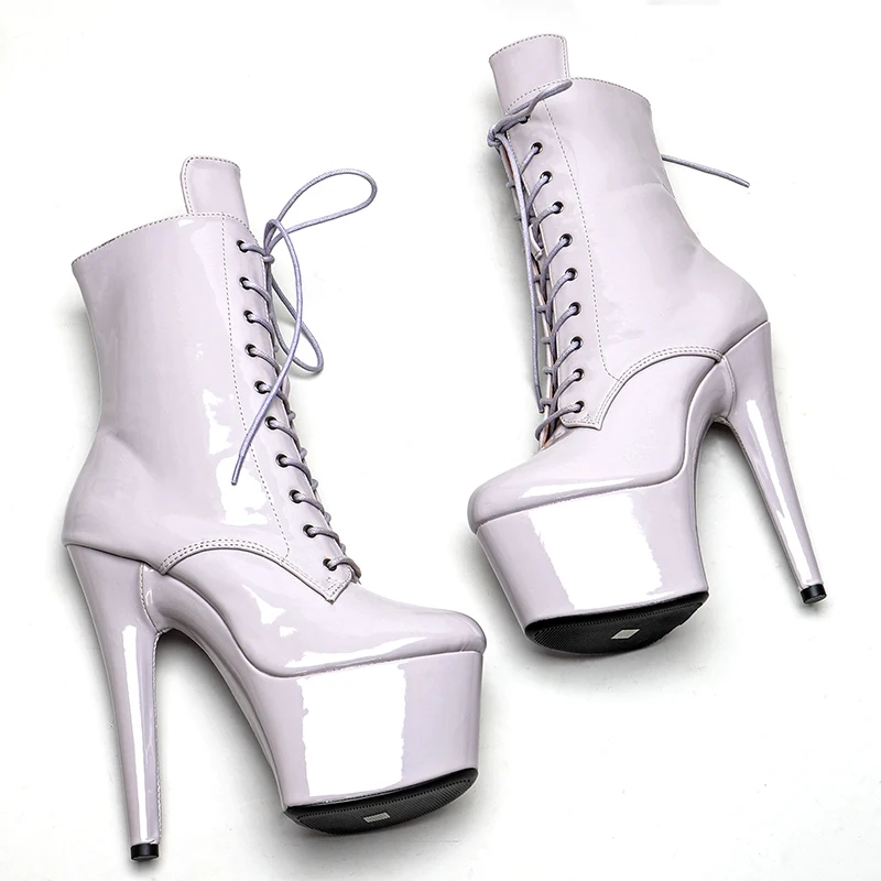 Leecabe 17CM/7inches Patent PU Upper  boots  lace up   High Heel   platform party shoes Pole Dance boot
