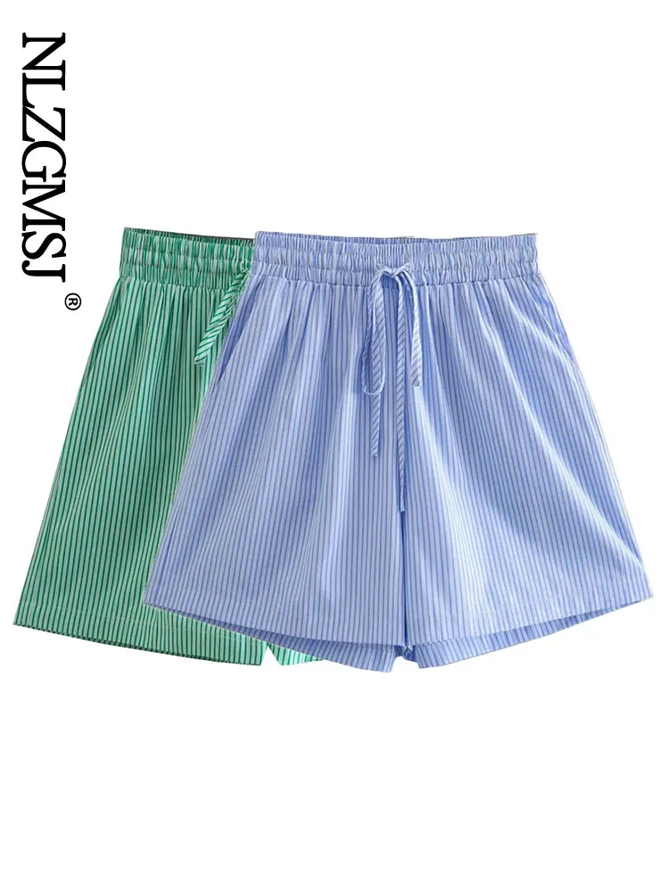 

Nlzgmsj 2022 Women Fashion Striped Print Bermuda Shorts Vintage High Elastic Waist Drawstring Female Short Pants Mujer 202206