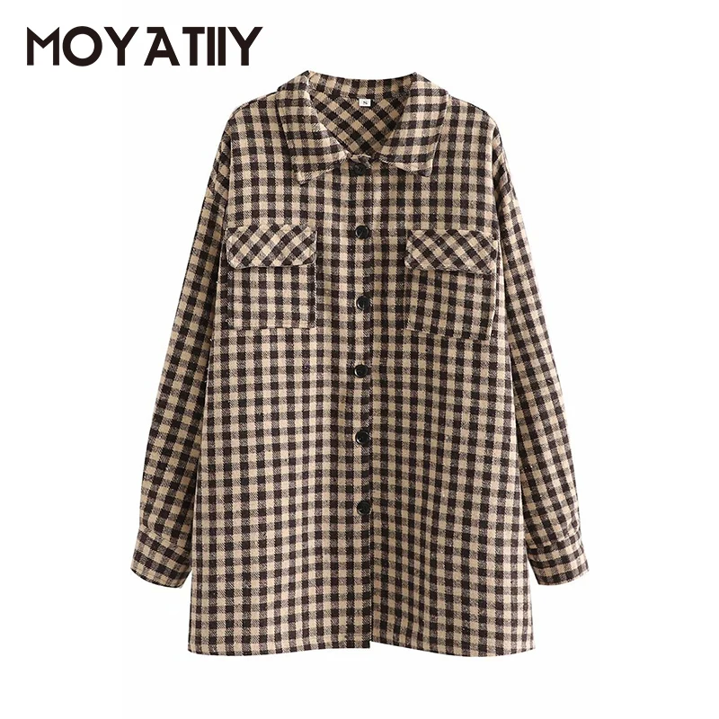 

MOYATIIY Women Fashion New Arrival Jackets Spring Autumn Wear Vintage Coffee Pliad Pattern Long Jacket Coats for Female