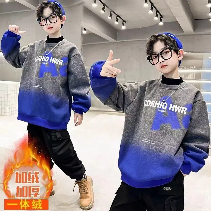 

Толстовки с капюшоном для мальчиков и девочек, корейский пуловер с плюшевой подкладкой и двойным капюшоном, свободный толстый топ с капюшон...