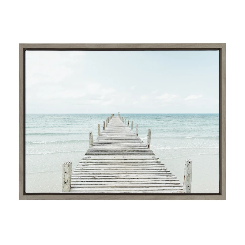 

Sylvie Wooden Pier on Beach Framed Canvas Wall Art by Amy Peterson Art Studio, 18x24 Gray, Decorative Coastal Art for Wall