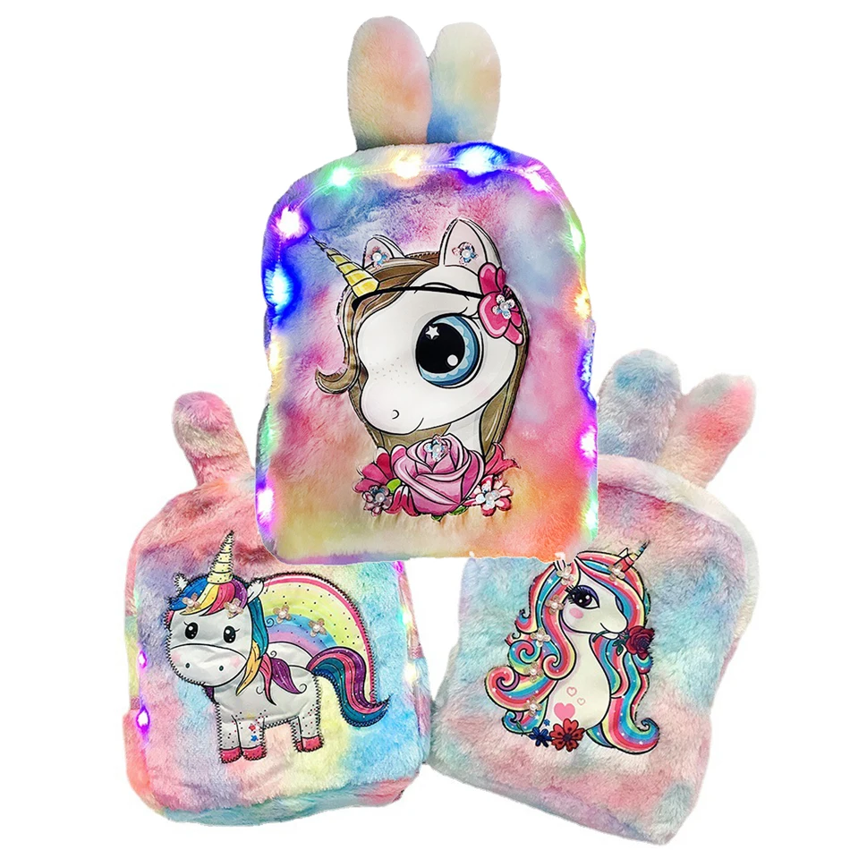 

Kids Baby Unicorn Light Bags for Girl Plus Cartoon LED Lighting School Flashing Bag Plsuh Rabbit Ear Bunny Toy Sets