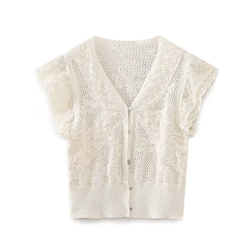 

Женский жаккардовый свитер с V-образным вырезом и короткими рукавами