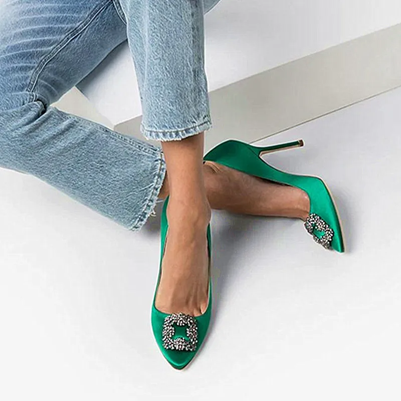 Single Shoes 2023 Spring and Autumn New Women's High Heels Rhinestone Square Buckle Pointed Fashion Luxury High Heels