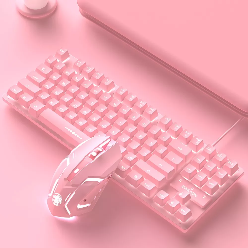 

keyboard and Mouse set Wired Desktop Computer Game Gaming 87-key Girl Cute Pink Mute Office Notebook Keyboard