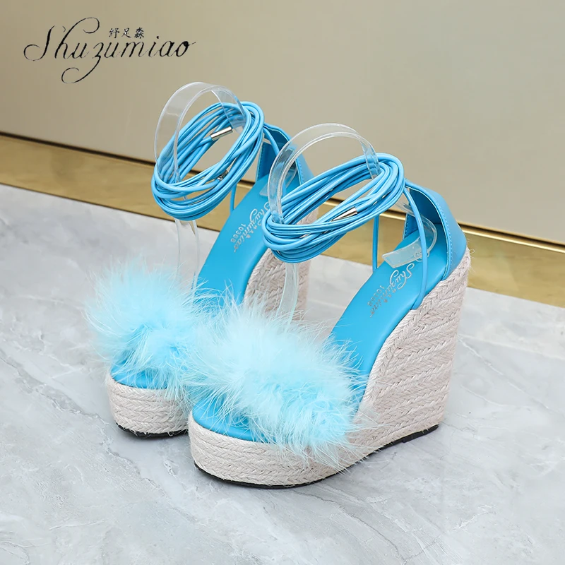 

SHUZUMIAO Sexy Fur Lace-Up Platform High Heels Shoes Women Design Weav Straw Rope Thick Bottom Wedge Sandals Black Yellow Blue