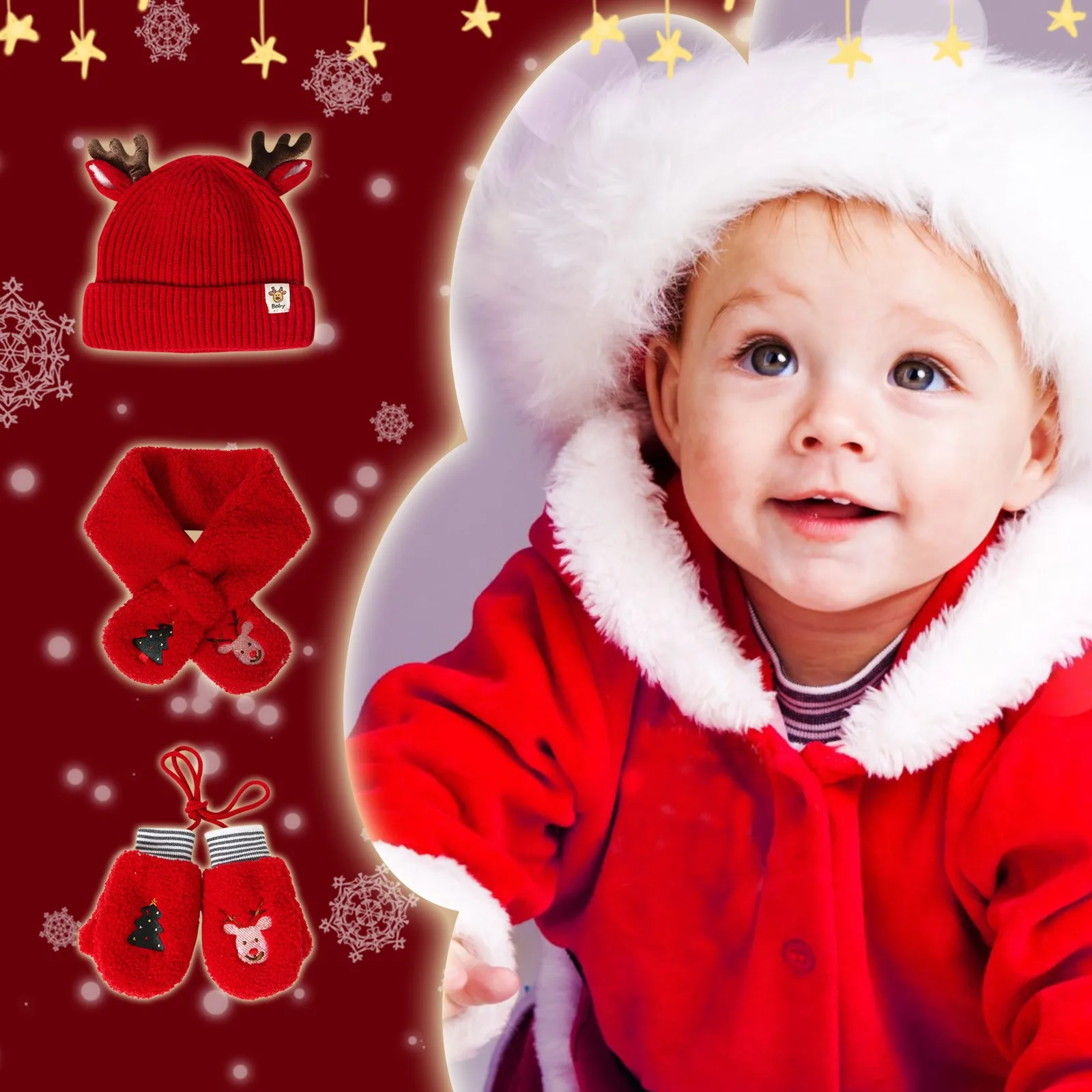 

Baby Suit Scarf Cute Hat Hat Children's Velvet Scarf Antlers Three-piece Gloves Set Woolen And Yellow Scarf Good Threads Scarf