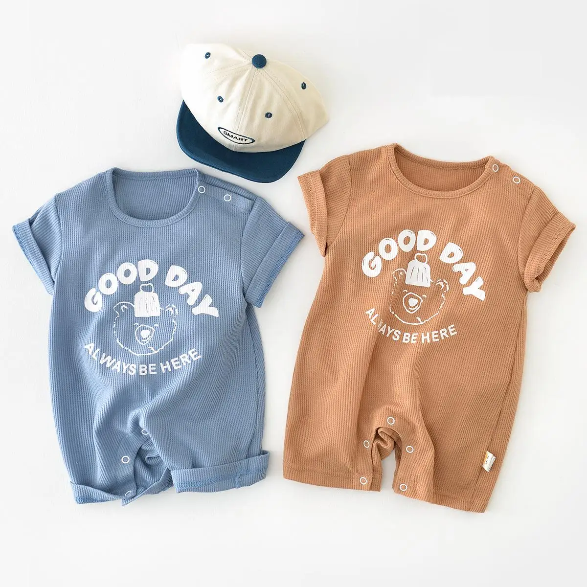 

2023 Summer New Baby Short Sleeve Cartoon Romper Newborn Casual Waffle Jumpsuit Cute Bear Print Infant Clothes 0-24M