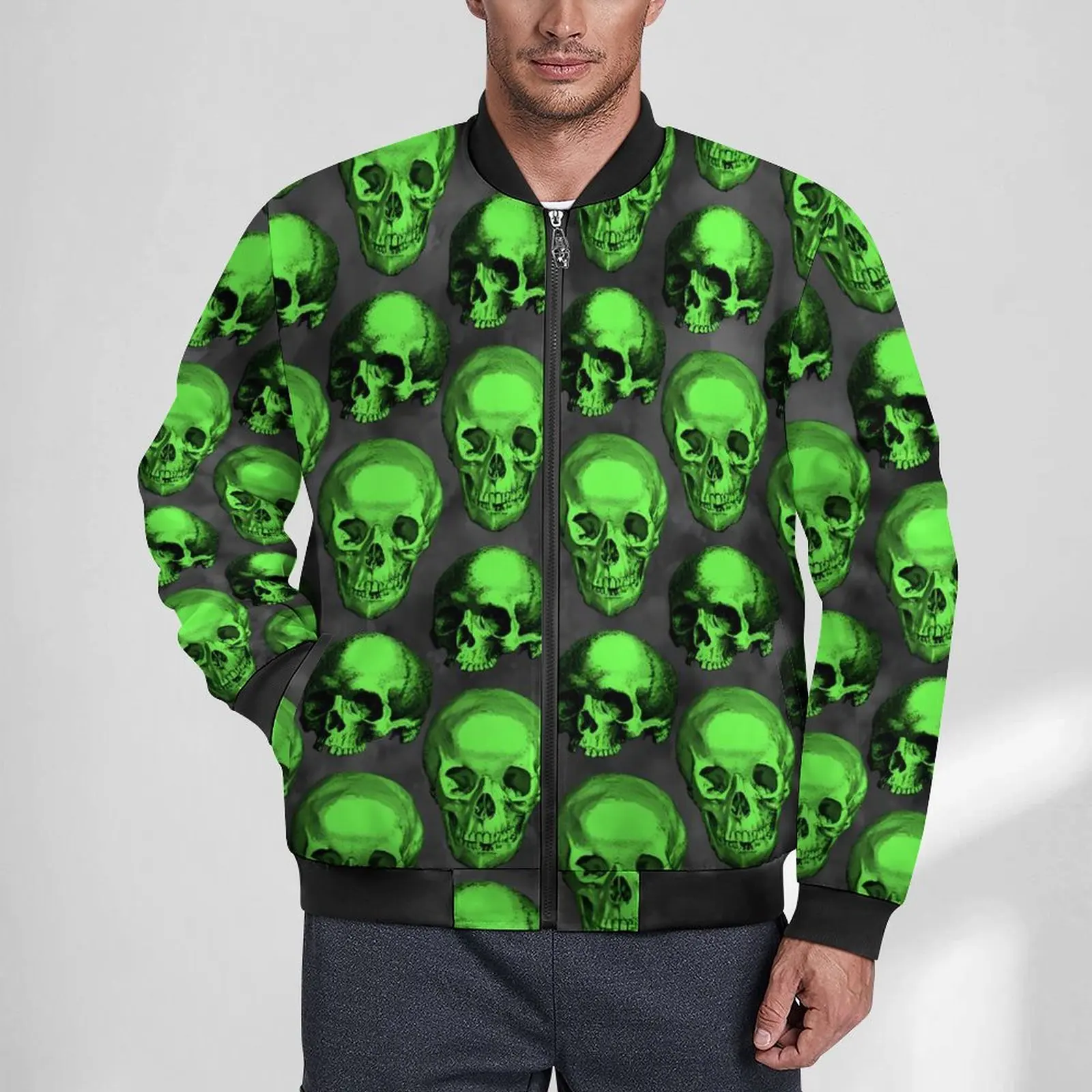 

Куртка мужская с принтом в готическом стиле, повседневная водонепроницаемая верхняя одежда свободного покроя, с зеленым черепом, уличная одежда, большие размеры, на осень