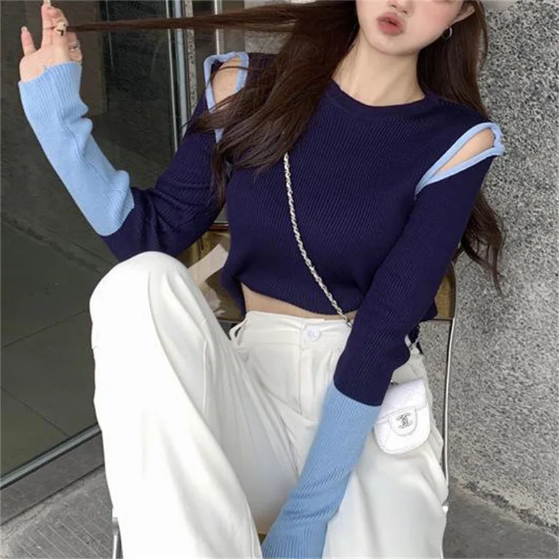 

Slim Fit Hollow Stretch Contrast Long Sleeve T-Shirt Crew Neck Commuter Top Spring Autumn 2022 New Women's Clothing