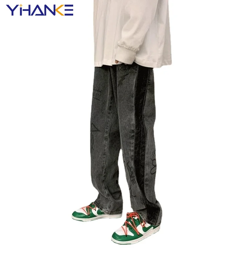 YIHANKE Vintage Jeans Men's Jeans Printed Loose Jeans Men's High Waist Pants Wide Leg Jeans Versatile Hip Hop Streetwear Casual