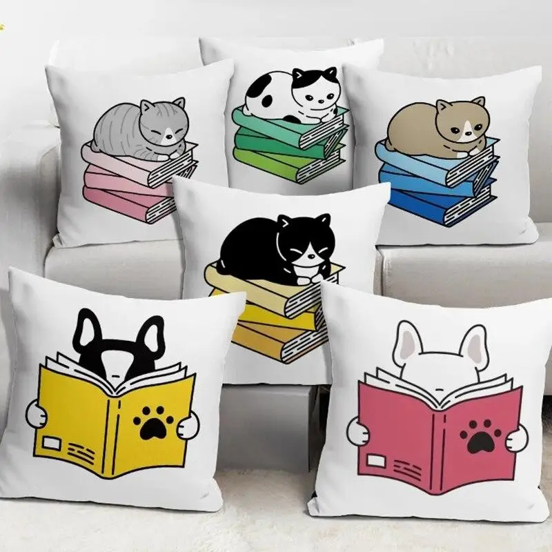 

Reading Cat Square Pillowcase Peach Skin Cushion Cover Sofa Creative Pillowcase Home Decor Moda