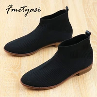 2021 new ankle boots women stretch fabric elastic pointed toe fashion socks boots wood hard bottom slip on boots