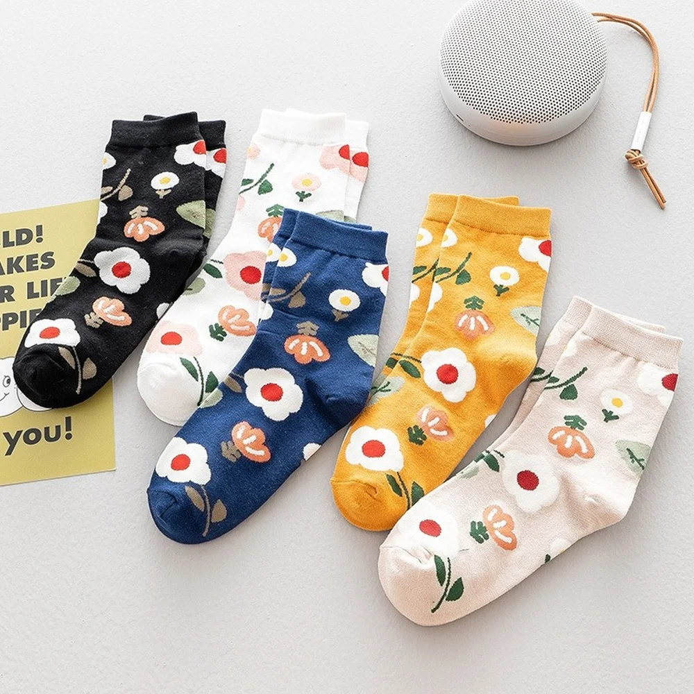 5 Pairs High Quality Cute Harajuku Cartoon Socks for Women Fashion Flower Kawaii Casual Women Socks Dropshipping