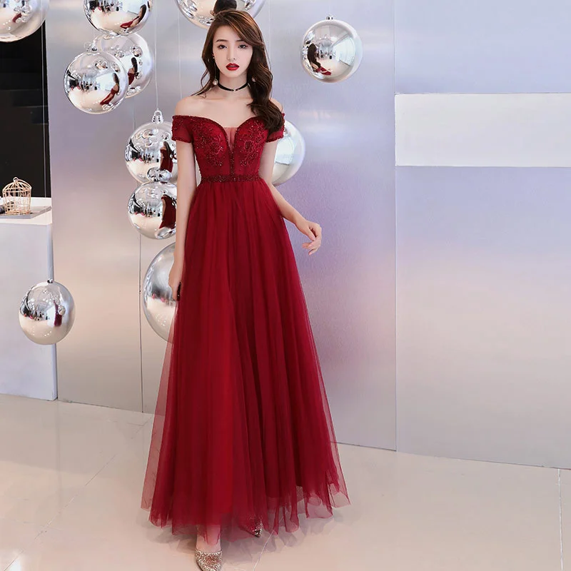 

One shoulder elegant women's dress dignified atmosphere long red wedding women's evening dress
