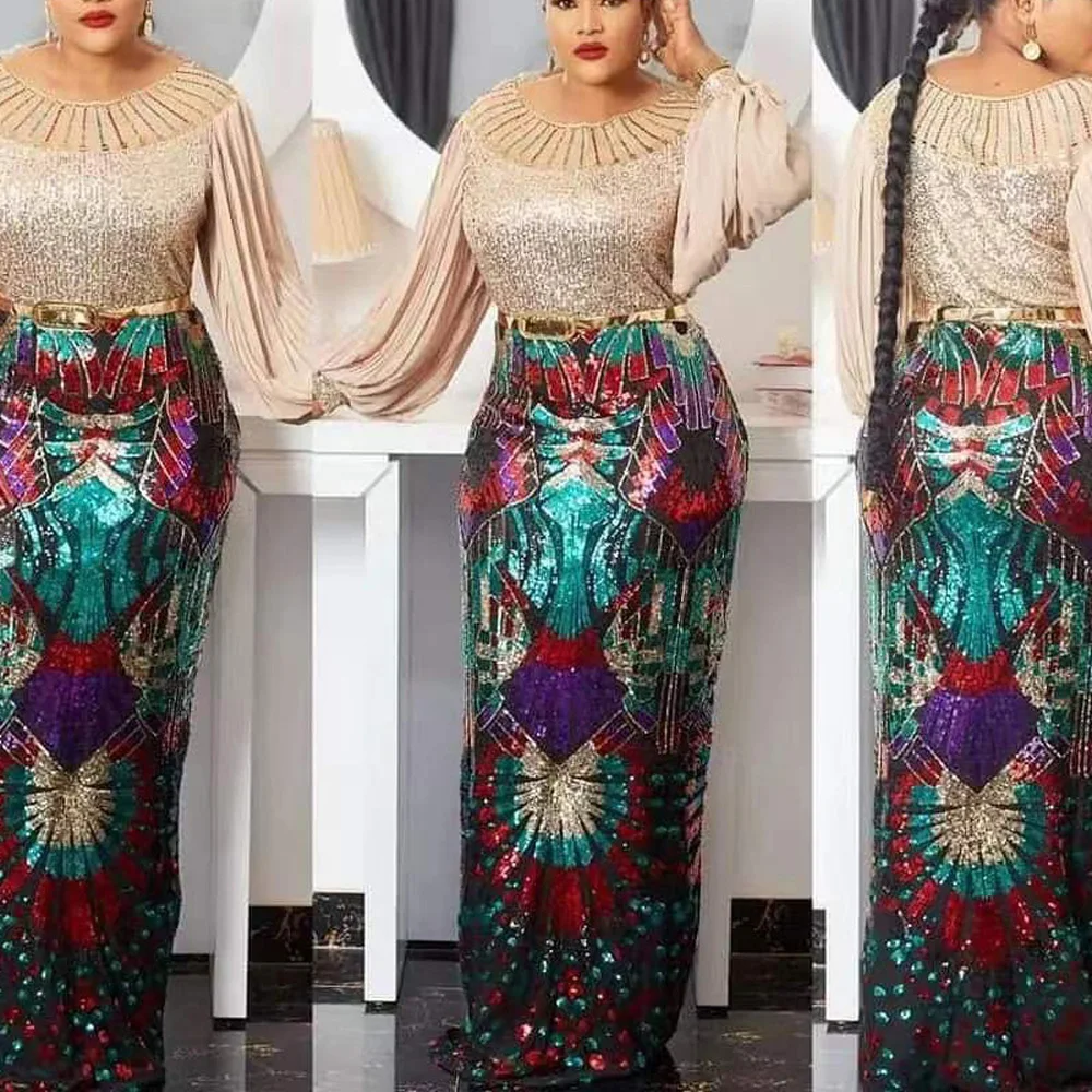 

Elegant Dress Women For Wedding Party Sequined Bodycon High Waisted Full Sleeve Floor Length Luxury Night Dinner Vestidos Mujer