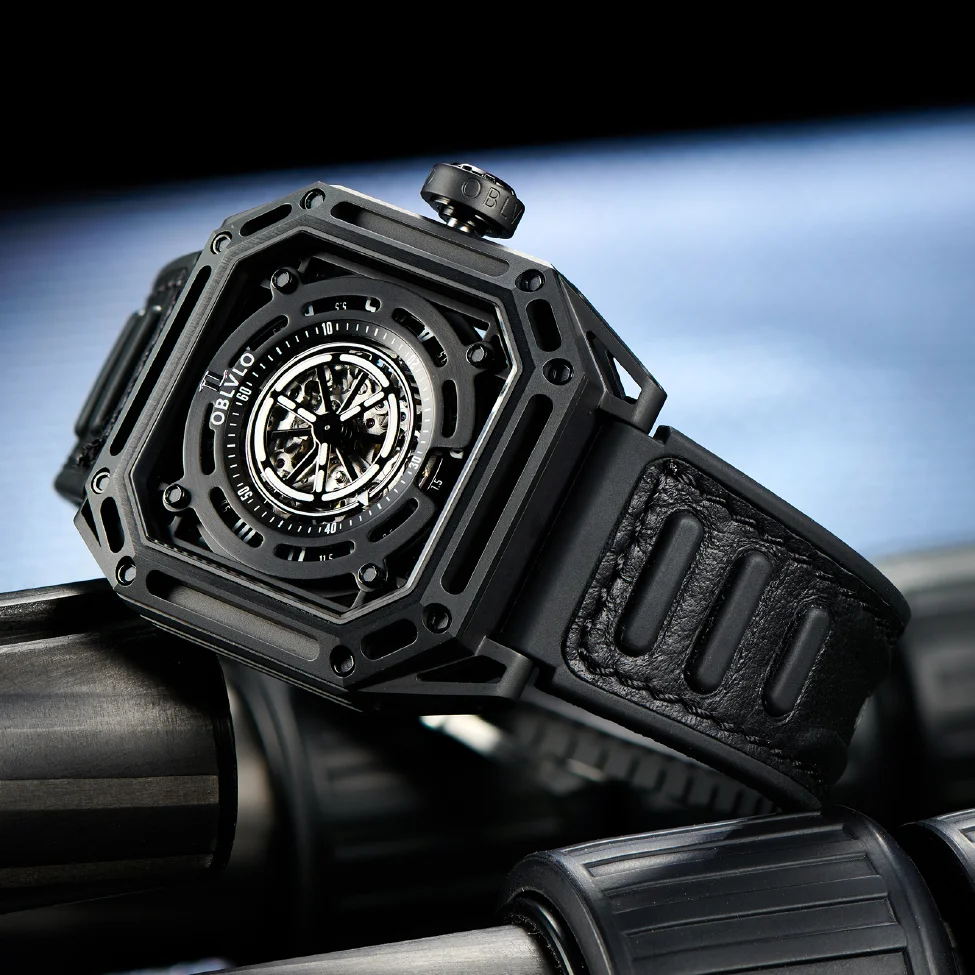 

OBLVLO Luxury All Black Sport Watch For Men Self-wind Mechanical Automatic Watch Waterproof Square Cool Luminous Watch AK