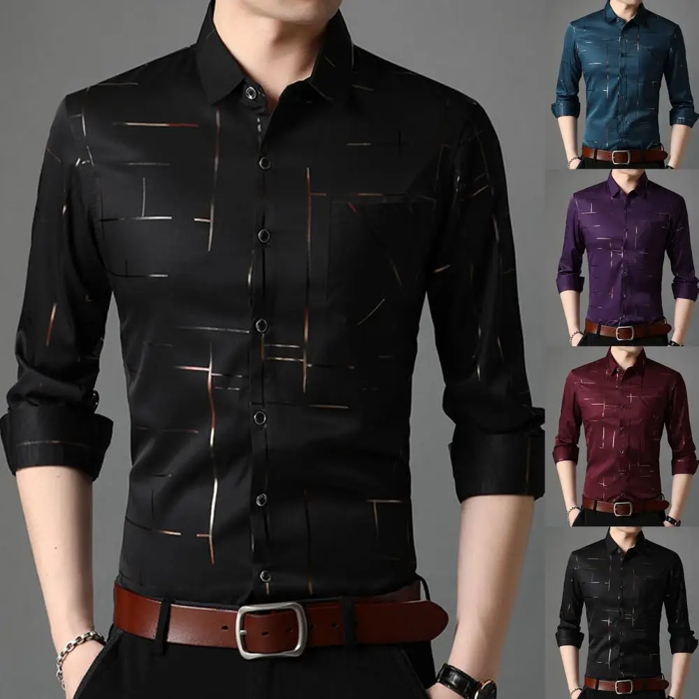

Shirt Turn Down Collar Top Single-breasted Men Long Sleeve Stripes Business Top