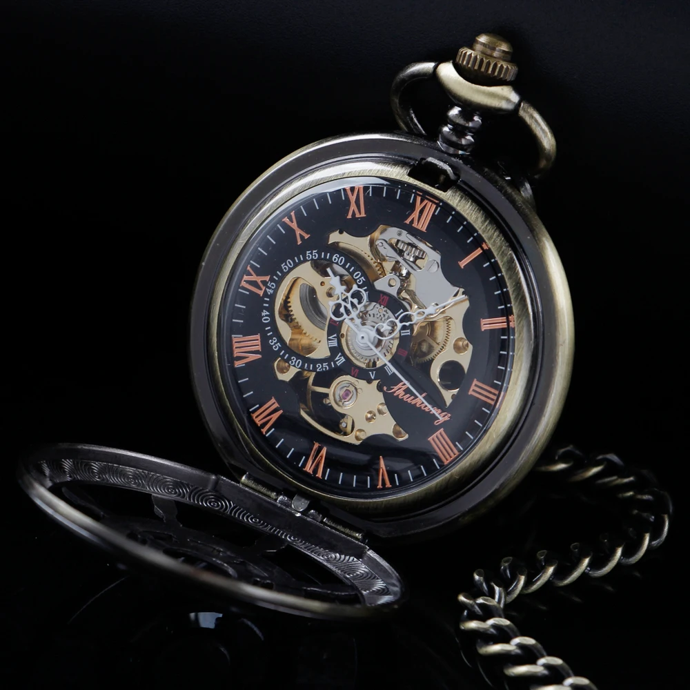 Vintage Bronze Rudder Hollowed-Out Mechanical Manual Pocket Watch Gold Roman Digital Skull Dial Pendant Automatic Antique Clock