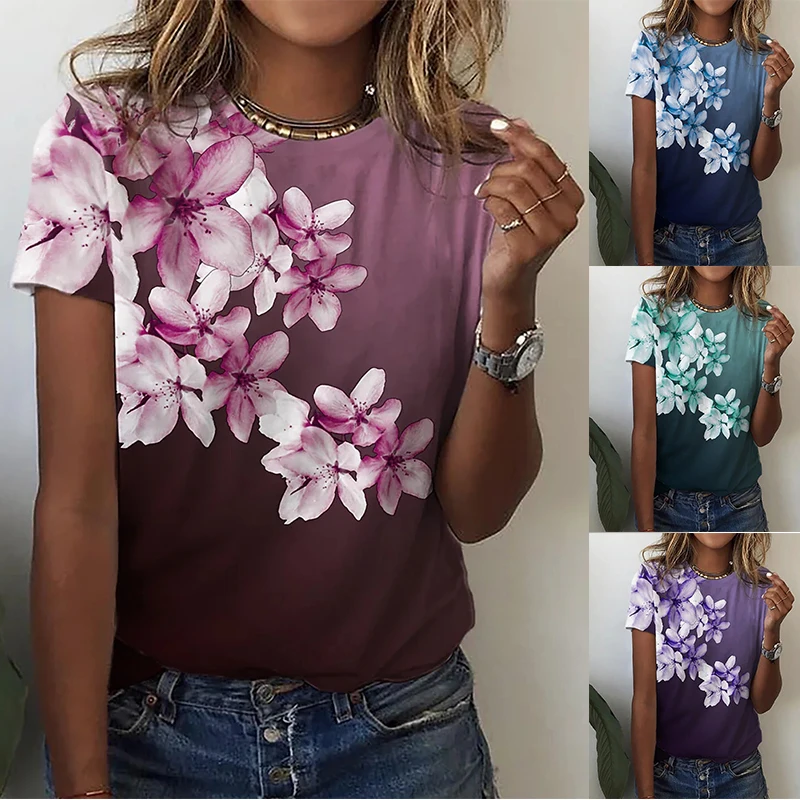 

2022 Summer Women's Floral Theme Printed Painting T Shirts Round Neck Top Loosen Pullover Basic Streetwear New Design Tee Shirts