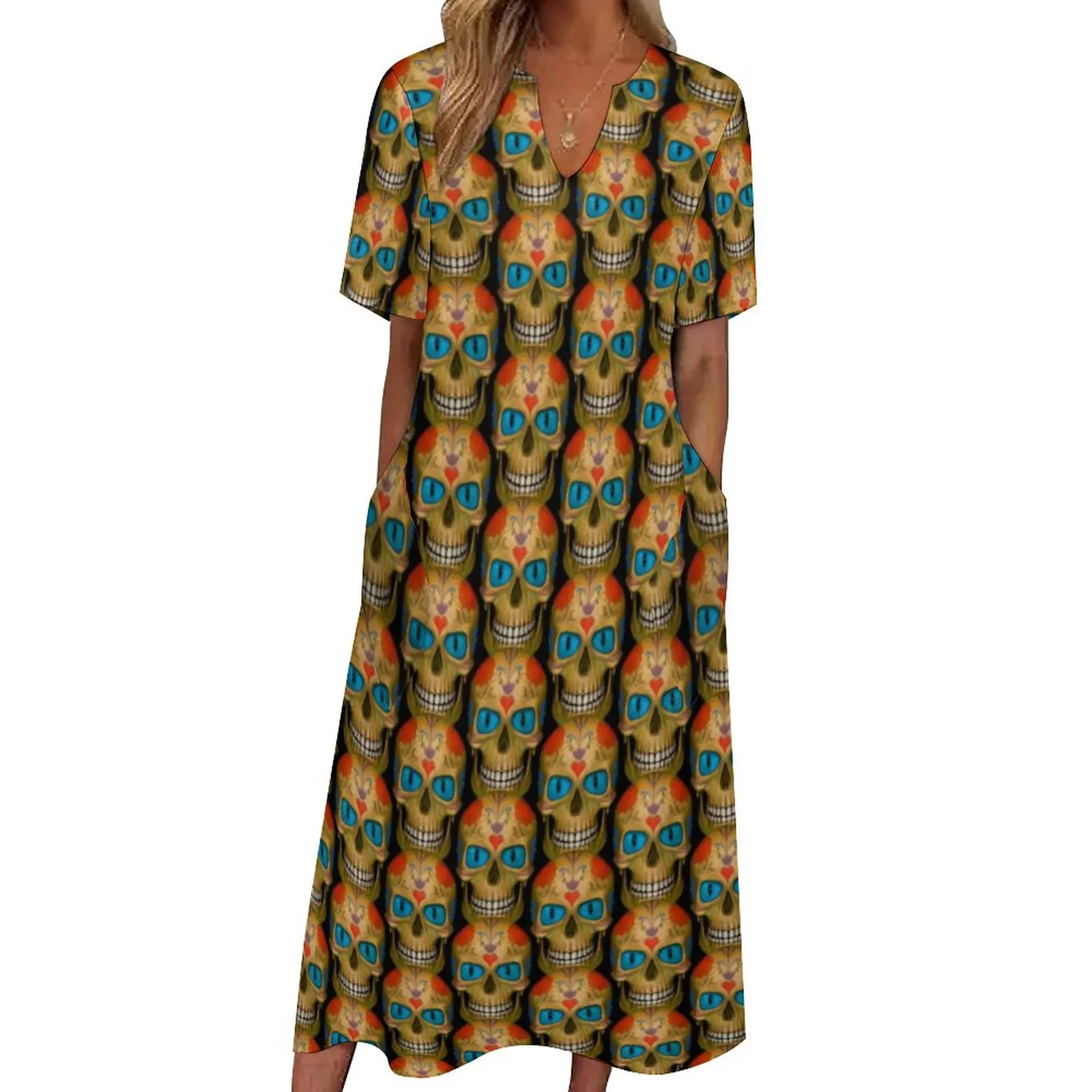 

Blue Eyed Sugar Skull Dress Zombie Dead Elegant Maxi Dress Streetwear Casual Long Dresses Spring Short Sleeve Print Vestidos