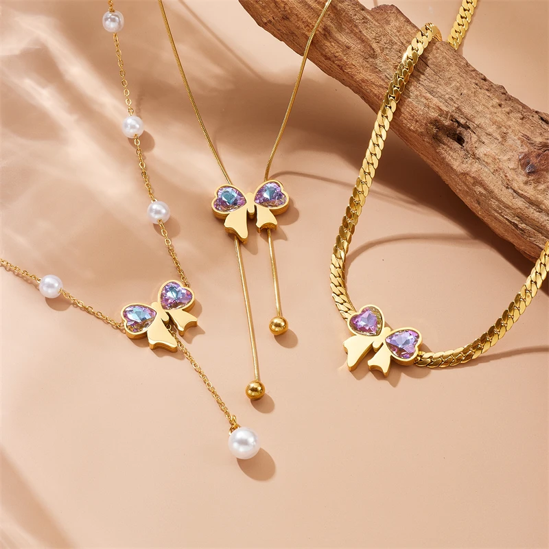 MEYRROYU из нержавеющей стали 316L жемчужно-розовое фиолетовое ожерелье с бантом для