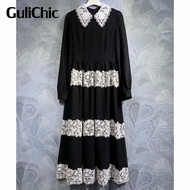 

Женское длинное кружевное платье GuliChic, элегантное привлекательное облегающее платье контрастных цветов с отложным воротником и высокой талией, 10,12