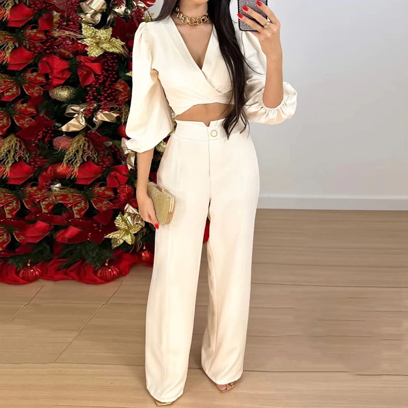 

Women's Fashion Set Spring Casual Solid V-Neck Short Tops Shirt High Waist Wide Leg Pants Two Piece Set Lady Office Elegant Set