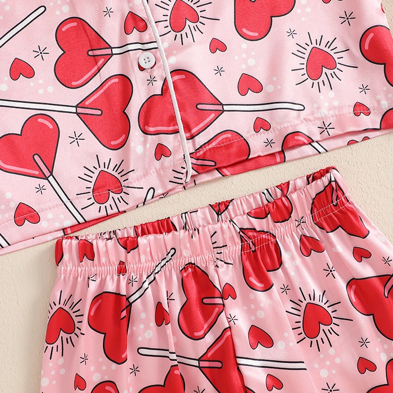 Toddler Kids Baby Girl Valentine's Day Pajamas Sets Satin Heart Print Long Sleeve Feather Trim Button Shirts Pants Sleepwear