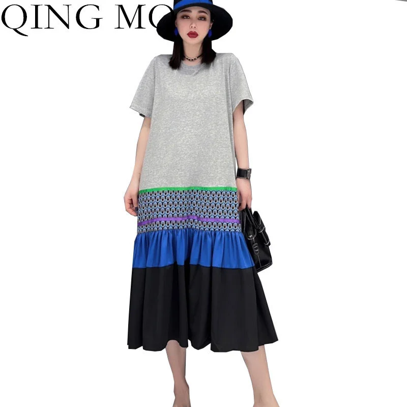 

QING MO Large Size Short Sleeve Dress 2023 Summer Woman The New Mid-length Fashion Splicing Mermaid Skirt Black Grey ZXF2376