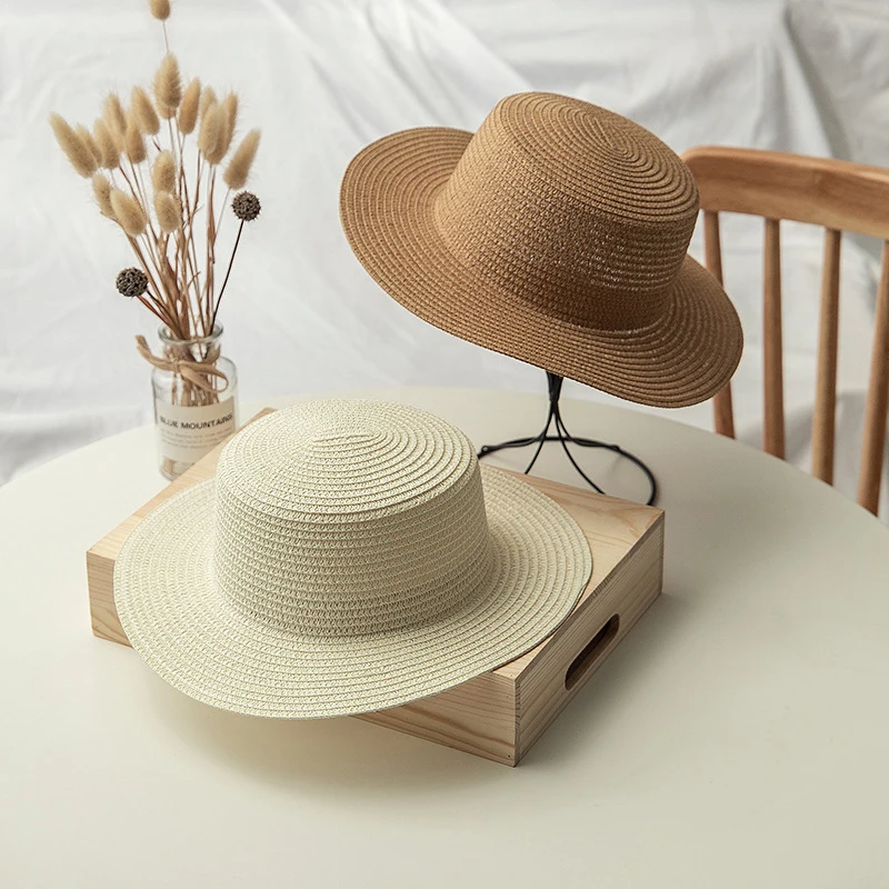 

Шляпа женская пляжная соломенная с плоскими полями, модная Панама в простом ретро стиле, однотонная пляжная шляпа от солнца, для взрослых, лето