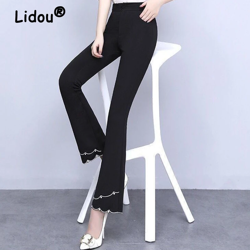 

Vintage Elegant Chic Embroidery Slim Office Ladies Trousers 2022 Autumn Winter Fleece Elastic High Waist Black Flare Pants Women
