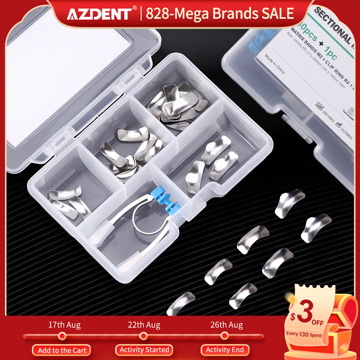 AZDENT Dental Sectional Contoured Metal Matrices Matrix Bands 30PCS Refill Forming Sheet with Clip Ring Set Dentistry Tools