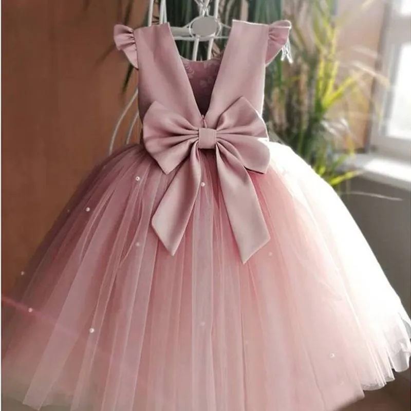 

1-5Y Summer Princess Dresses for Girls Kids Tulle Wedding Party Gown Backless Birthday Children's Dresses Girl Pearl Bow Costume