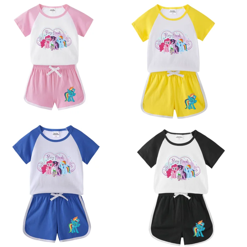 

Детский костюм серия My Little Pony Сумерки персик летнее платье Новинка хлопковая детская одежда шорты с коротким рукавом Повседневный костюм