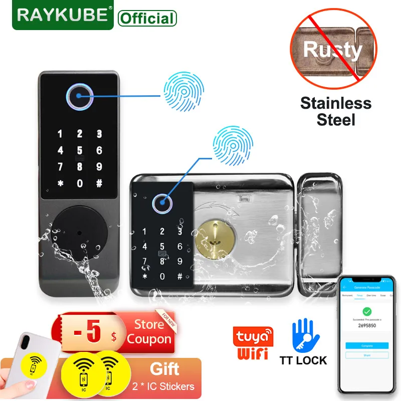 

RAYKUBE W7 замок из нержавеющей стали с двойным отпечатком пальцев наружные ворота водонепроницаемый TT замок/Tuya умный дверной замок цифровой эл...