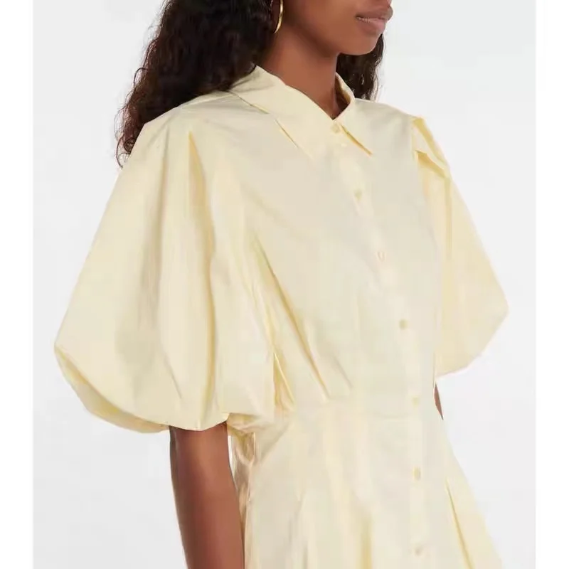 

126822 126824 Fashion Classic Trendy Luxury Designer Cloth Puff Sleeve Court Retro Style Lumbar Retraction Lapel Button Dress