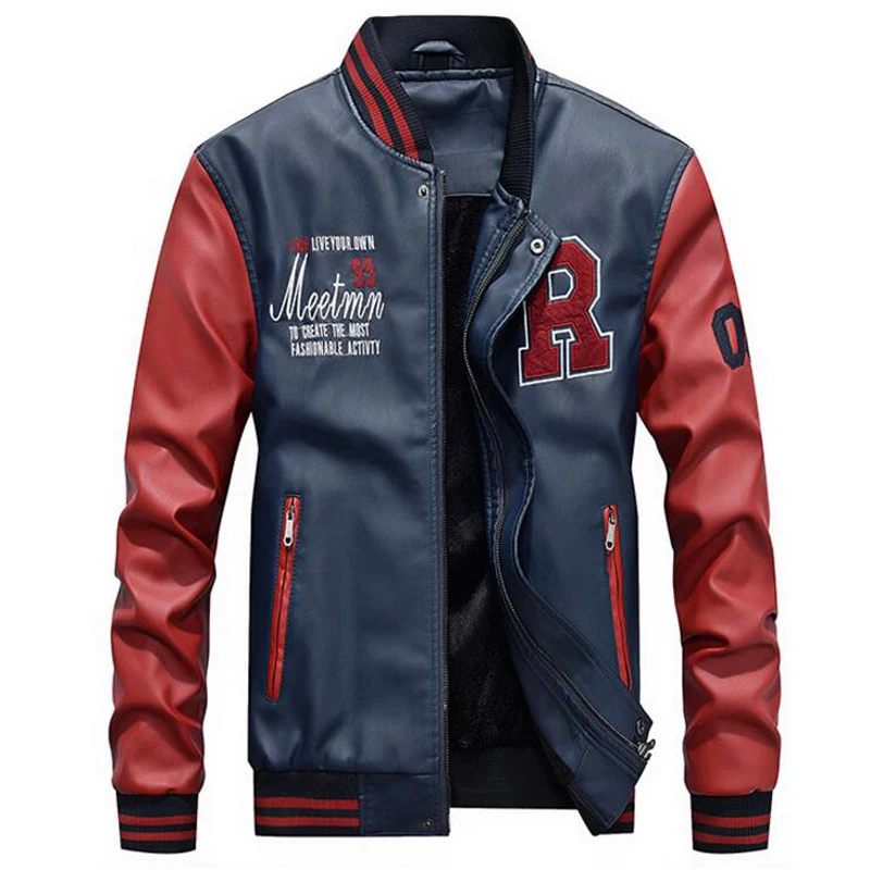 Collage Baseball Jackets Men Letter Embroidery Faux Leather Pilot Jacket Male Motorcycle Luxury Fleece Bomber Mens Coats M-4XL