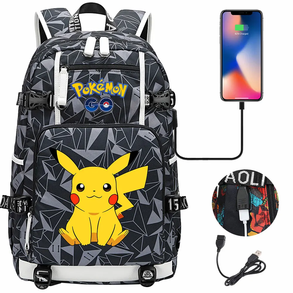 Рюкзак Pikachu Pokemon, рюкзак для ноутбука с USB, женские и мужские школьные сумки, Холщовый водонепроницаемый рюкзак, рюкзак для колледжа, рюкзаки