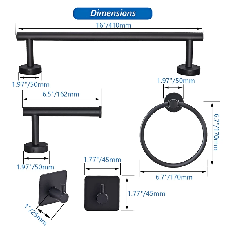 

6 PCS Bathroom Hardware Set,Black Stainless Steel Bathroom Accessories Towel Rack Set Wall Mounted Bathroom Accessories