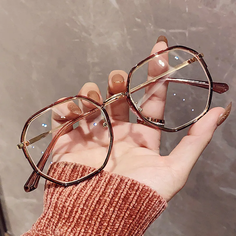 

New Polygon Brown Frame Anti-Blu-ray Myopia Glasses Finished Korean Style Plain Face Slimming Large Frame Plain Glasses Trendy